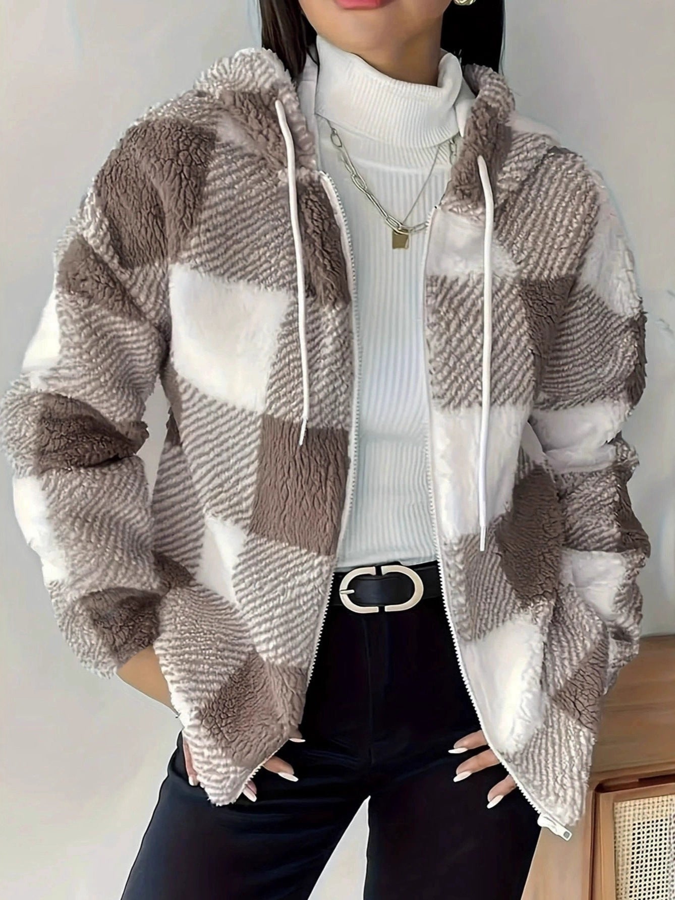 Women's Hoodie Jacket Checkered Teddy Warm Cozy - 9