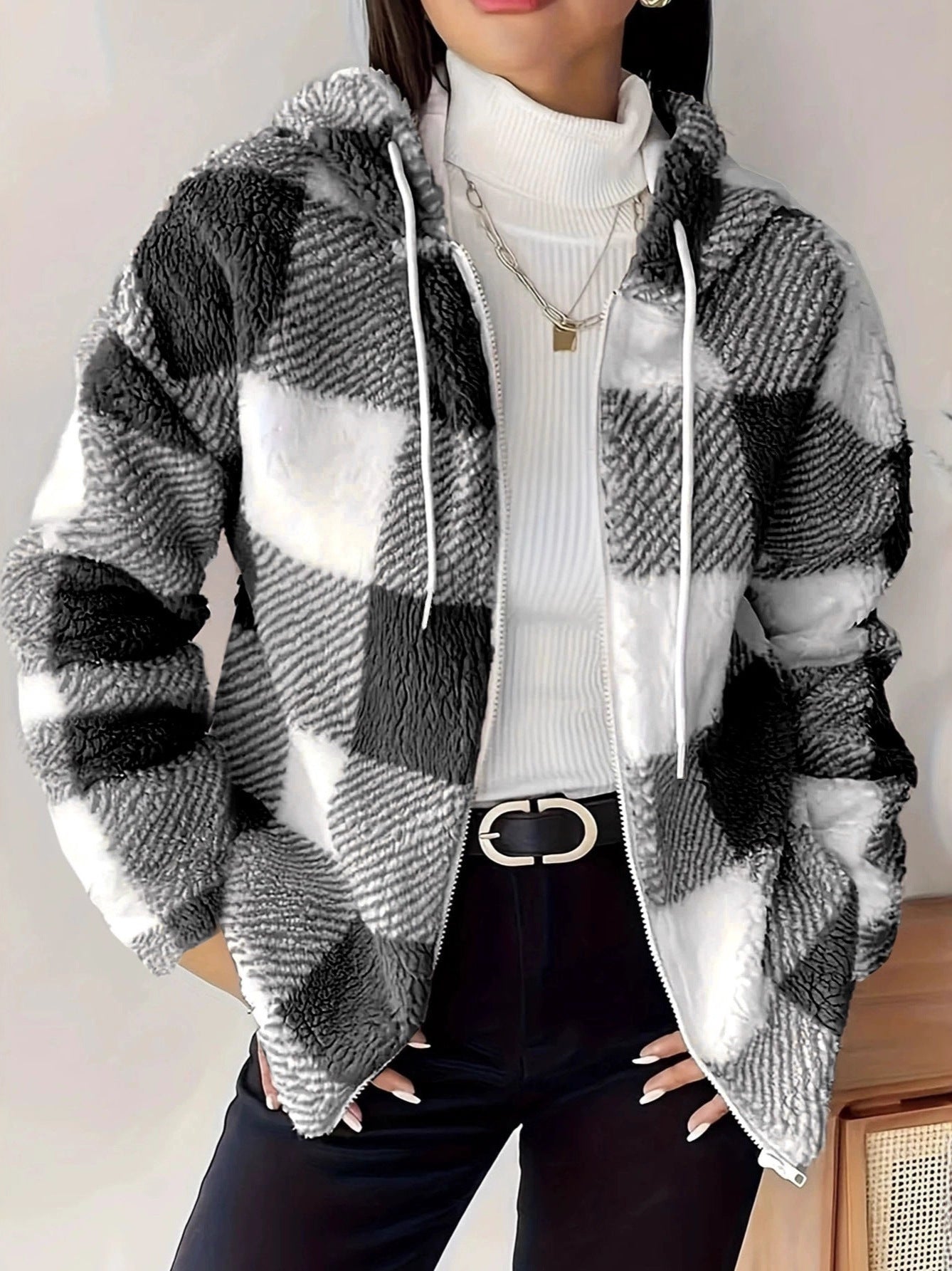 Women's Hoodie Jacket Checkered Teddy Warm Cozy - 10