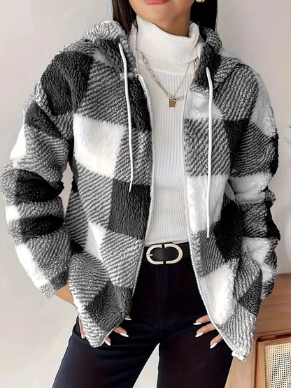 Women's Hoodie Jacket Checkered Teddy Warm Cozy - 10