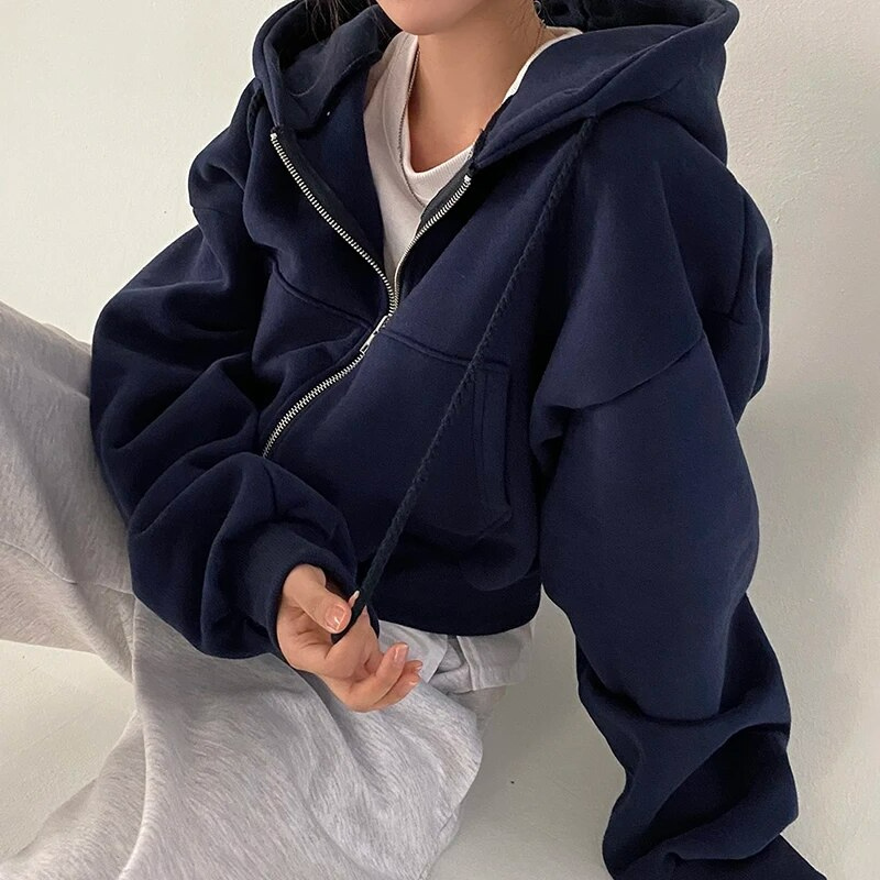 Women's Cropped Hoodie Blue Polyester - 1