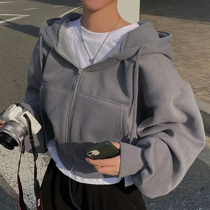 Women's Cropped Hoodie Blue Polyester - 4