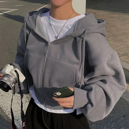 Women's Cropped Hoodie Blue Polyester - 4