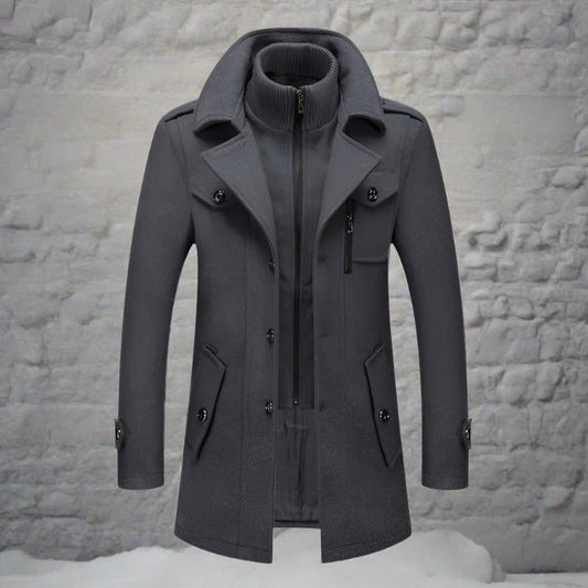 Men's Winter Coat Black Wool High Collar - 1