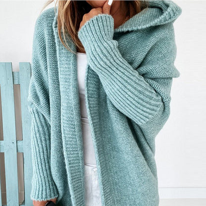 Women's Long Cardigan Grey Lightweight Knit with Hood - 14