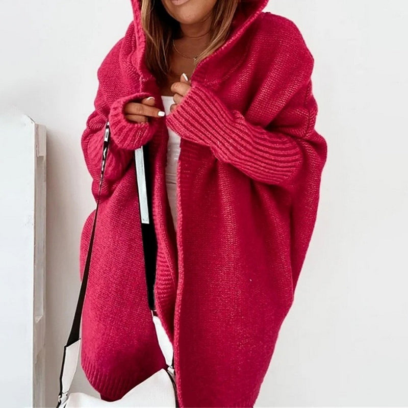 Women's Long Cardigan Grey Lightweight Knit with Hood - 16