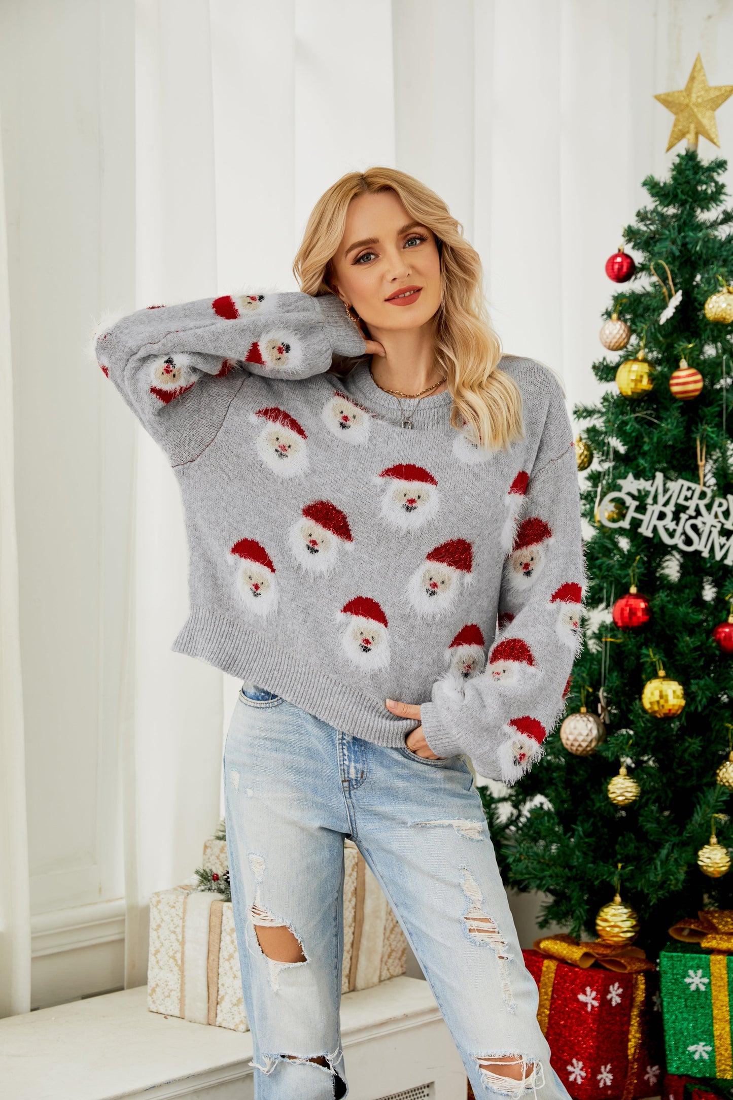 Women's Christmas Sweater Red Elastic Fleece - 3