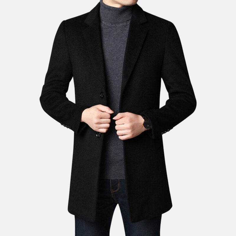 Men's Coat Black Wool Blend Elegant Business Overcoat - 1