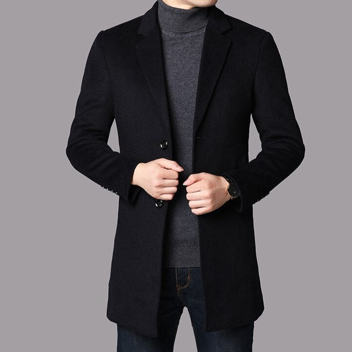 Men's Coat Black Wool Blend Elegant Business Overcoat - 8