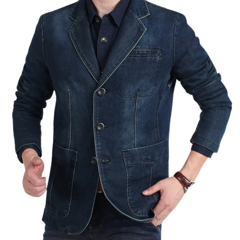 Men's Blazer Jacket Blue Denim 100% Cotton Casual Style - 3