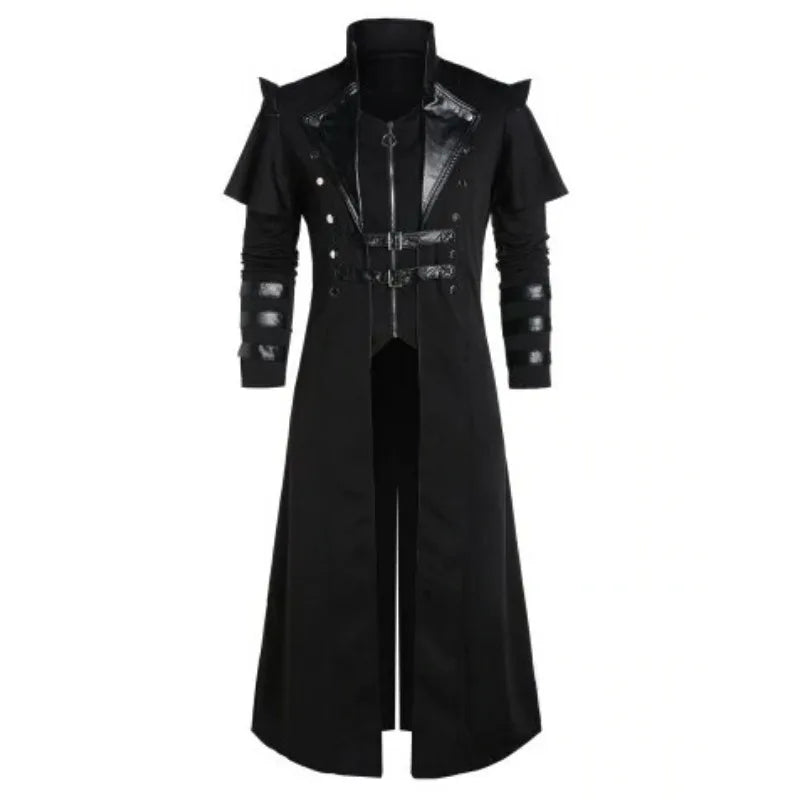 Men's Long Coat Black Gothic Style Armor High-Quality Fabric - 1