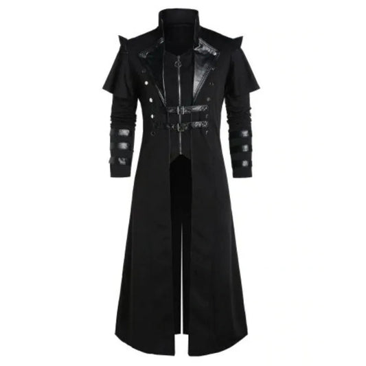 Men's Long Coat Black Gothic Style Armor High-Quality Fabric - 1