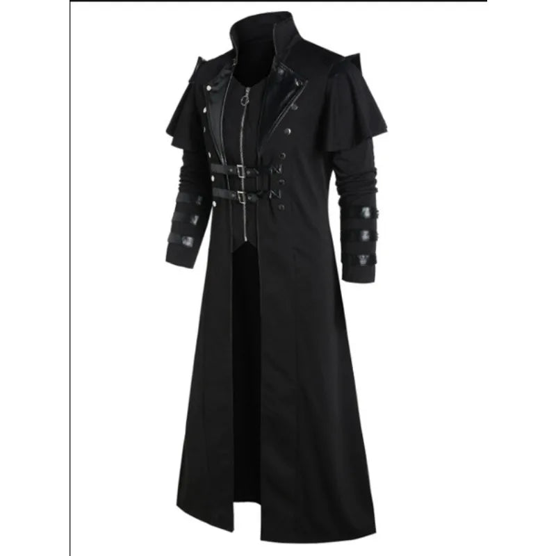 Men's Long Coat Black Gothic Style Armor High-Quality Fabric - 3