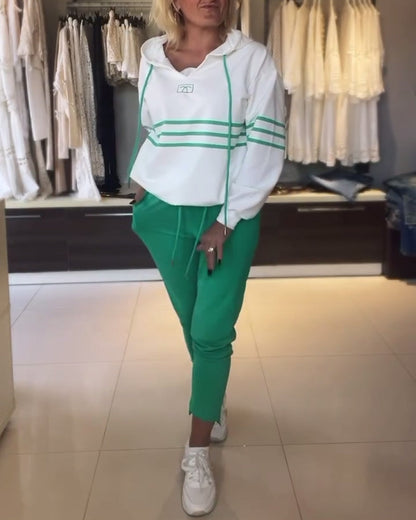 Women's Hooded Jacket Set Blue Striped Trousers Cotton - 2