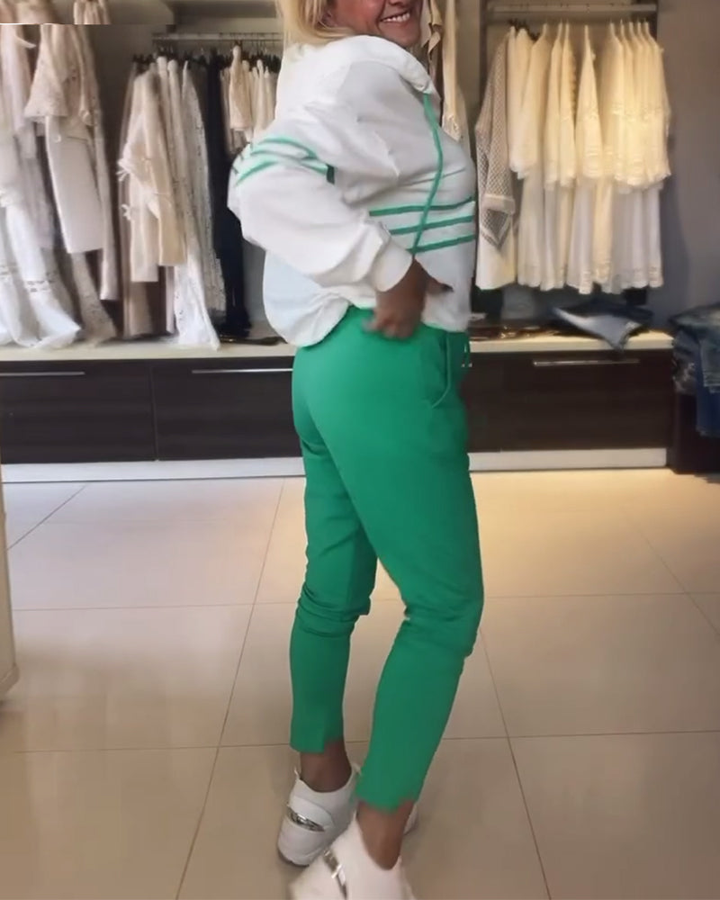 Women's Hooded Jacket Set Blue Striped Trousers Cotton - 3