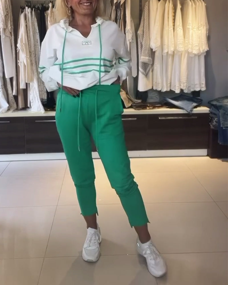 Women's Hooded Jacket Set Blue Striped Trousers Cotton - 4