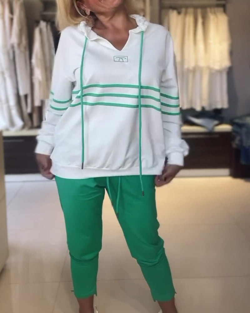 Women's Hooded Jacket Set Blue Striped Trousers Cotton - 5