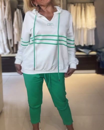 Women's Hooded Jacket Set Blue Striped Trousers Cotton - 5