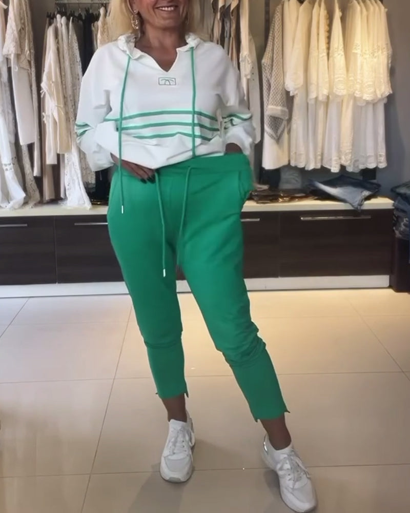 Women's Hooded Jacket Set Blue Striped Trousers Cotton - 6