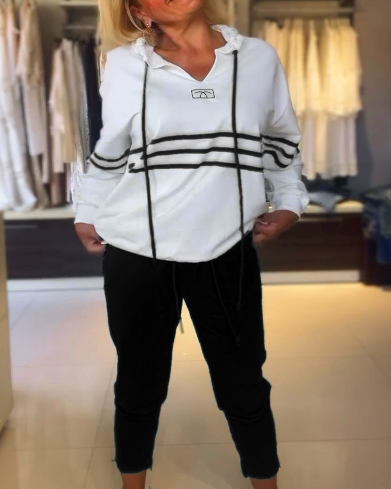 Women's Hooded Jacket Set Blue Striped Trousers Cotton - 7