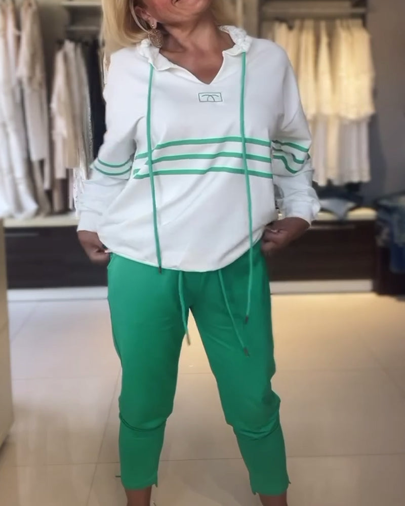 Women's Hooded Jacket Set Blue Striped Trousers Cotton - 9