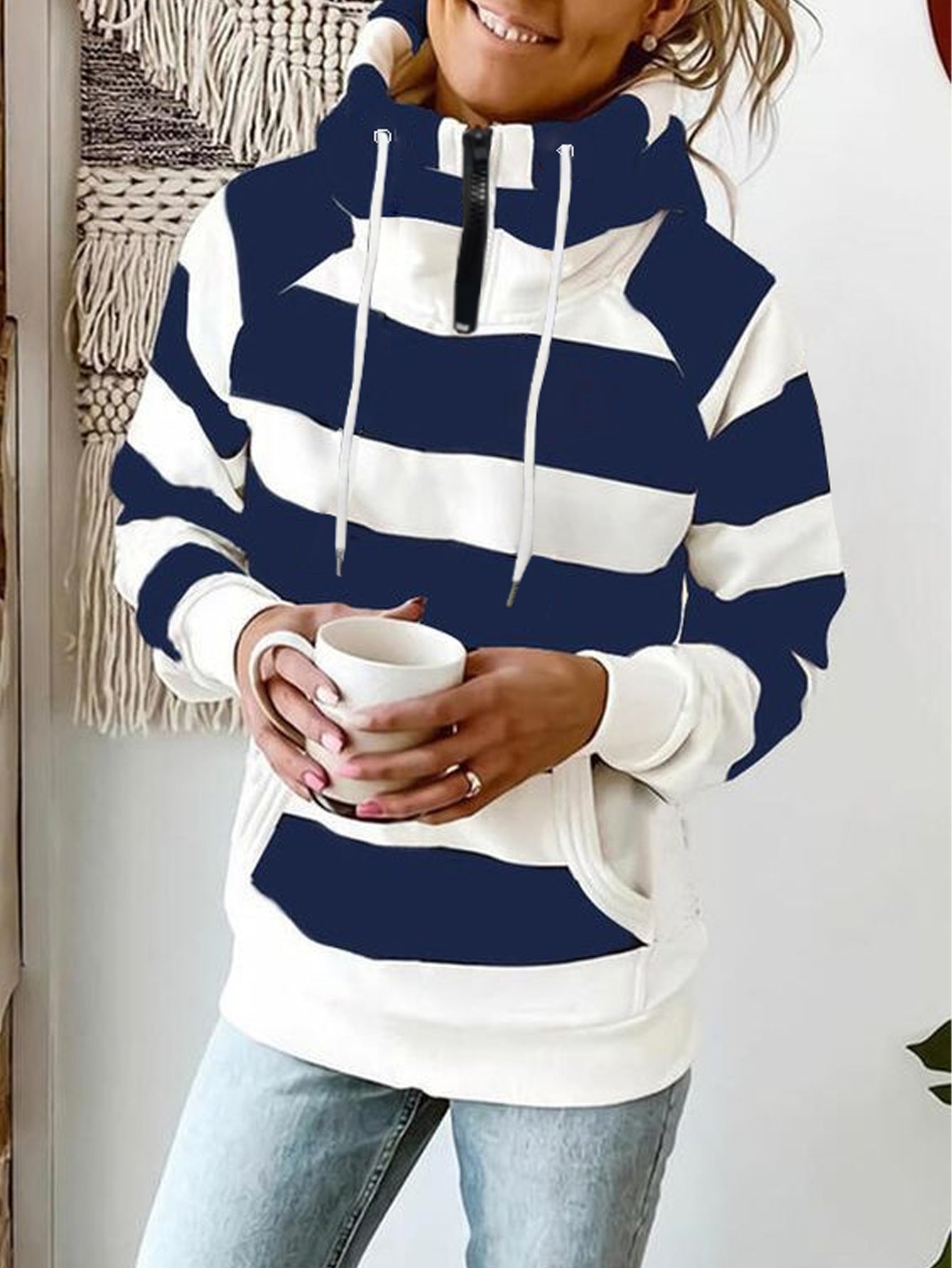 Women's Hoodie Blue Striped Polyester Casual Sweatshirt - 1