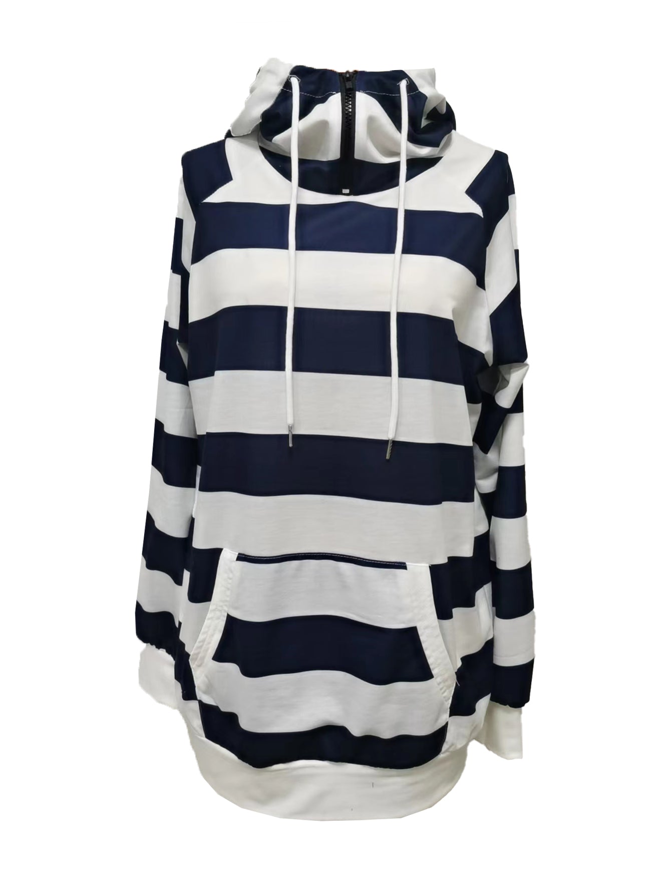 Women's Hoodie Blue Striped Polyester Casual Sweatshirt - 2