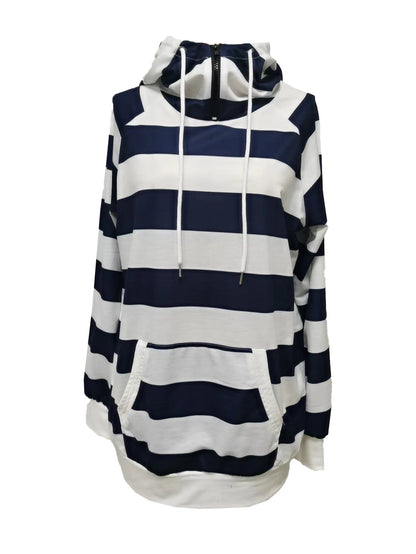 Women's Hoodie Blue Striped Polyester Casual Sweatshirt - 2