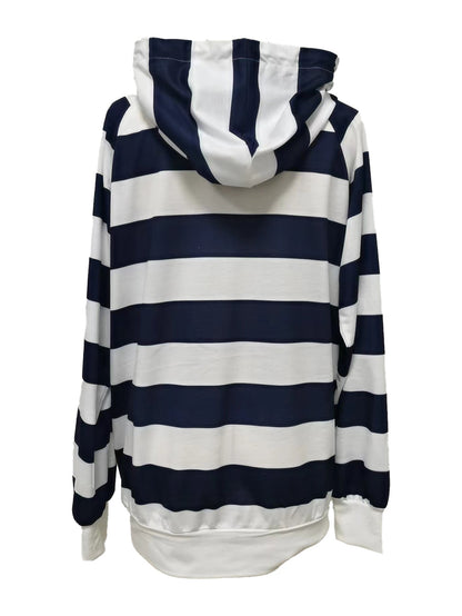 Women's Hoodie Blue Striped Polyester Casual Sweatshirt - 3