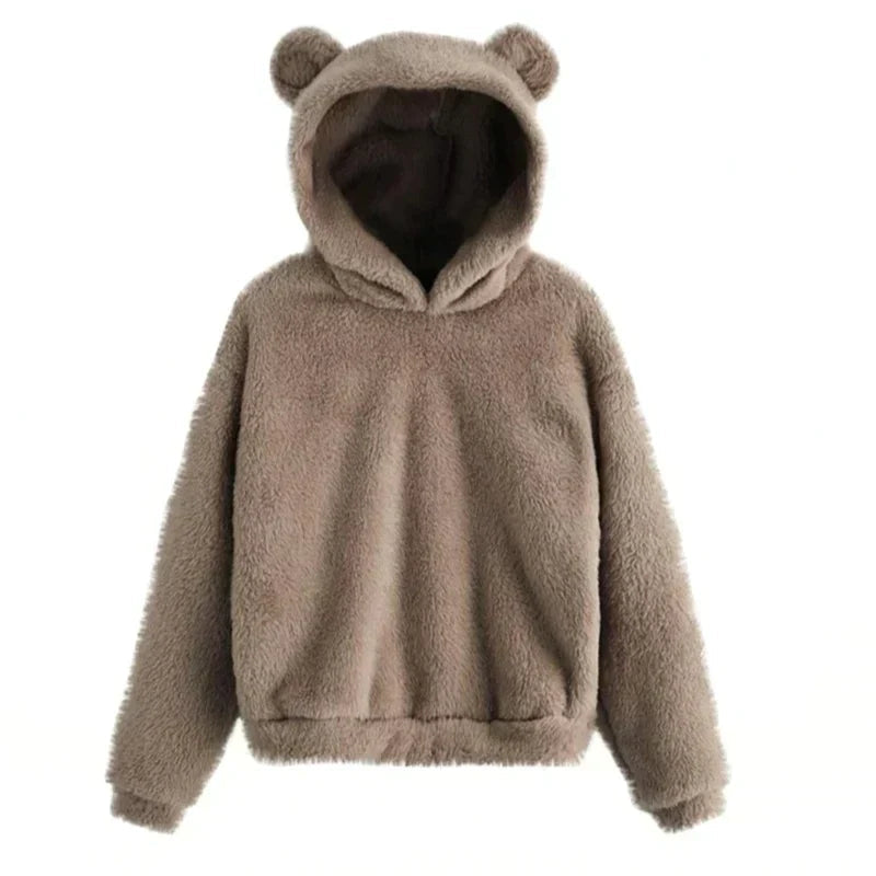 Women's Teddy Hoodie Beige Soft Fabric - 4