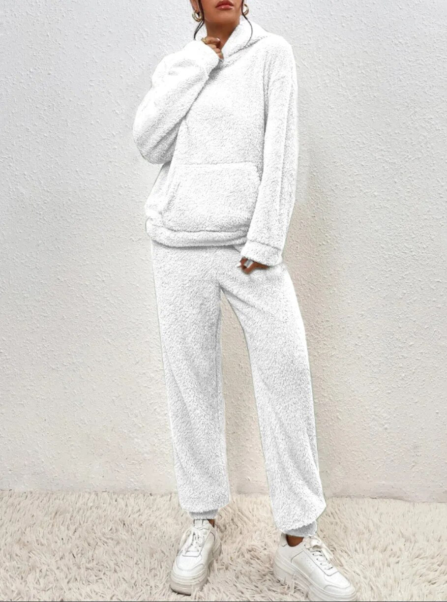 Women's Loungewear Set Beige Teddy Fabric Hooded - 1