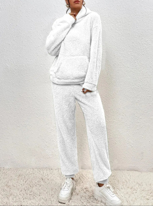 Women's Loungewear Set Beige Teddy Fabric Hooded - 1