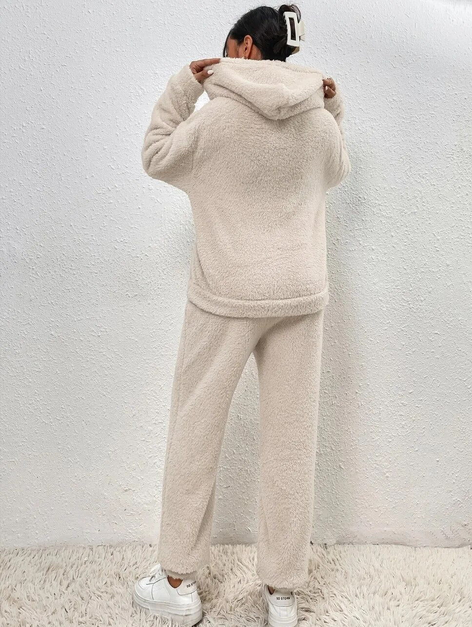 Women's Loungewear Set Beige Teddy Fabric Hooded - 8