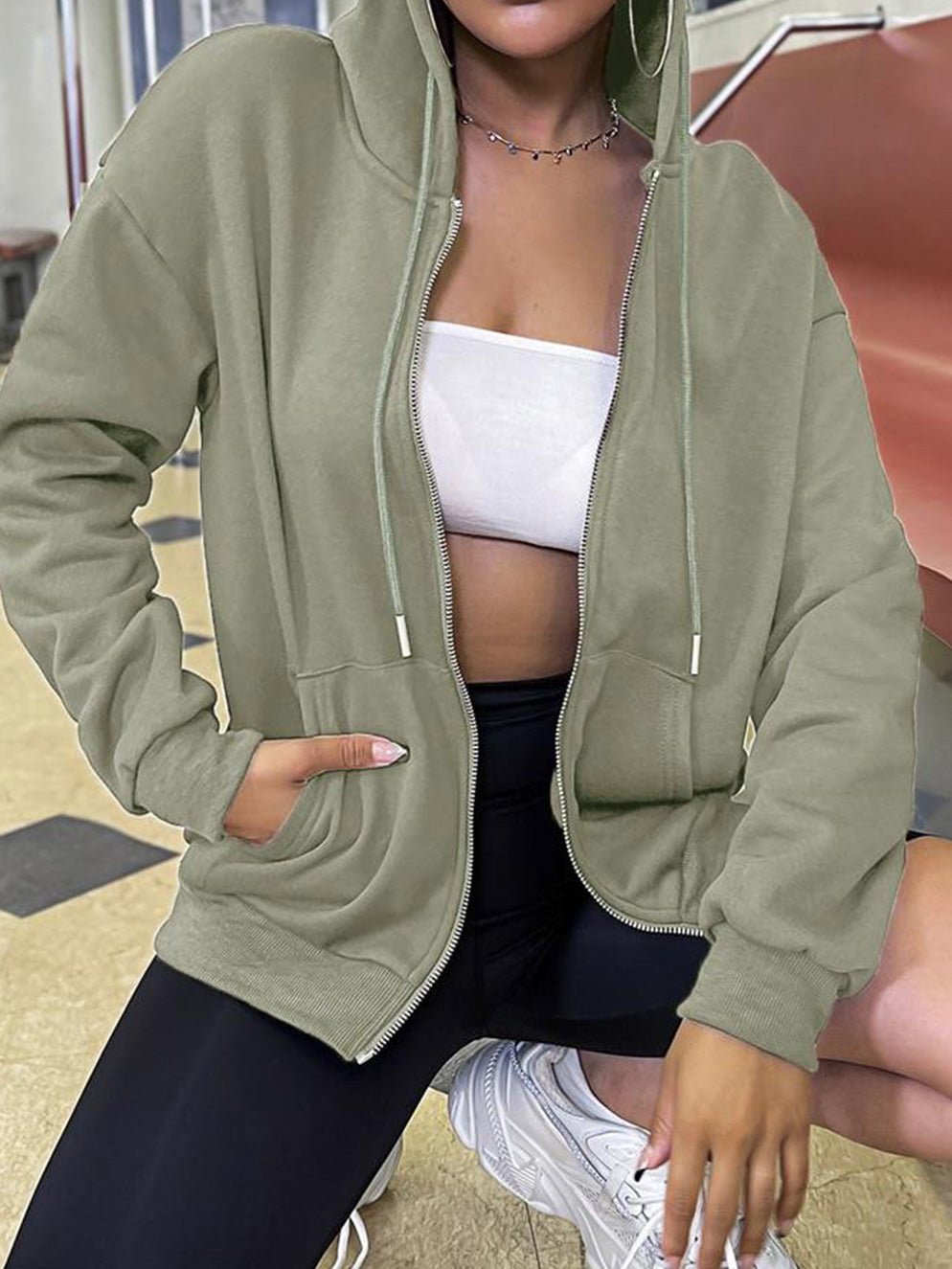 Women's Hoodie Long Sleeve Solid Color Cotton with Zipper Pocket - 2