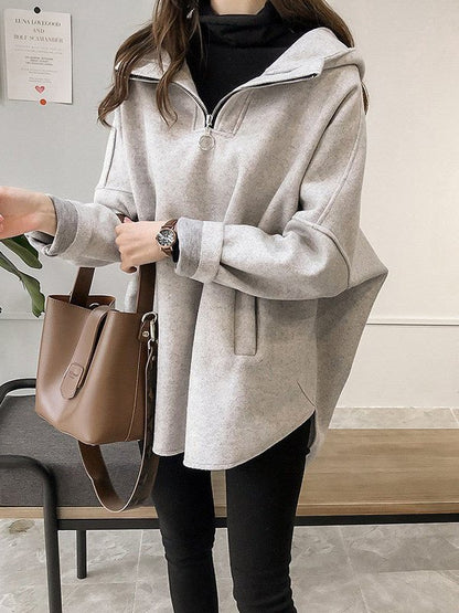 Women's Hoodie Grey Wool Mid-Length Casual Pullover - 3
