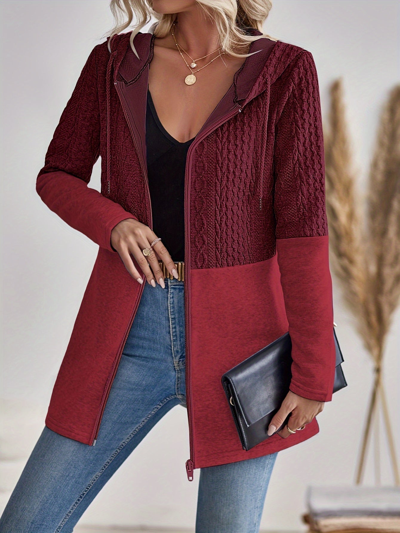 Women's Hooded Sweatshirt Black Knit - 7