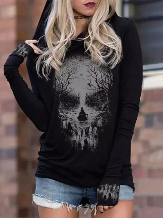 Women's Hoodie Black Cotton Skull Print Long Sleeve Sweatshirt - 1