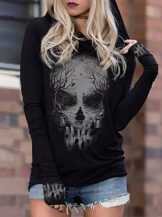 Women's Hoodie Black Cotton Skull Print Long Sleeve Sweatshirt - 3