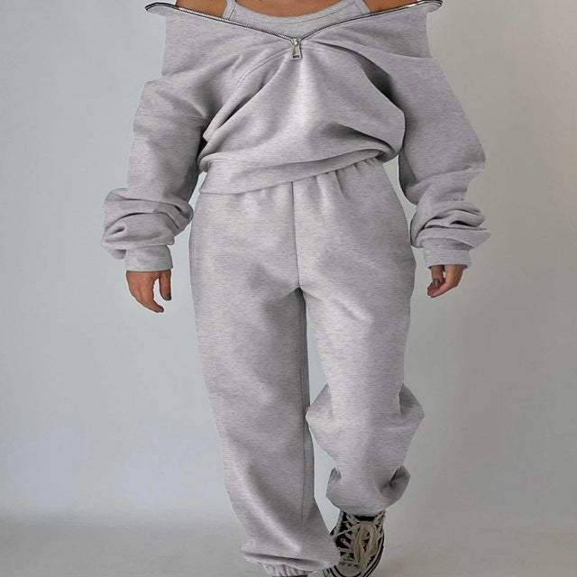 Women's Sweatshirt and Trousers Set Grey Cotton - 4