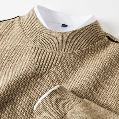 Men's Textured Crew-Neck Sweater in Beige – product view | Hensley London