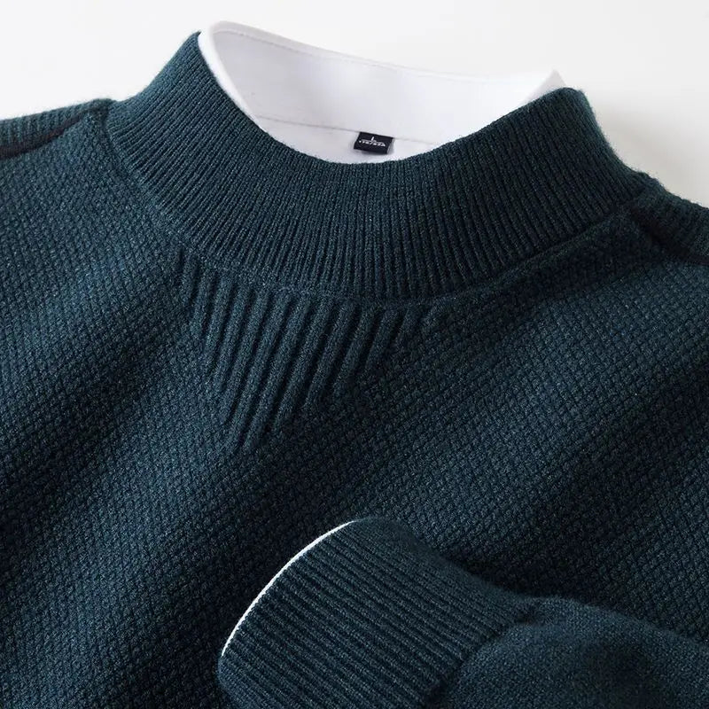 Men's Textured Crew-Neck Sweater in Blue Green – product view | Hensley London