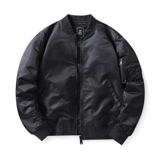 Men's MA-1 Ribbed Bomber Jacket in Black – front view | Hensley London