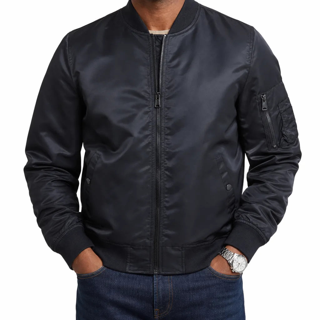 Men's MA-1 Ribbed Bomber Jacket in Red – front view | Hensley London