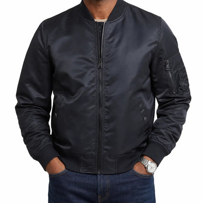 Men's MA-1 Ribbed Bomber Jacket in Red – front view | Hensley London