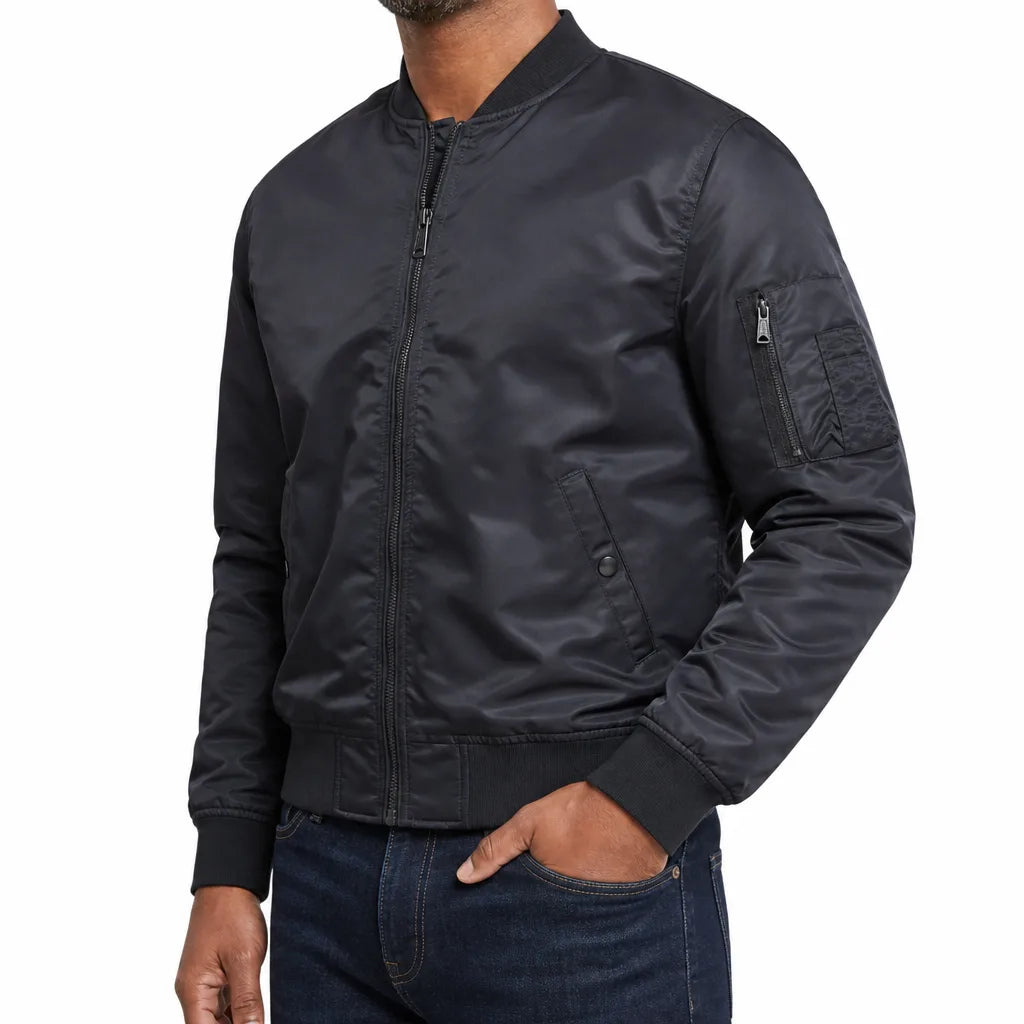 Men's MA-1 Ribbed Bomber Jacket in Blue – front view | Hensley London