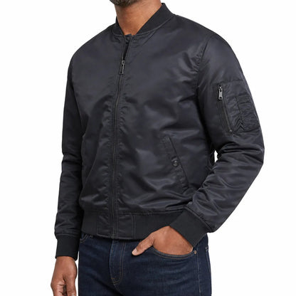 Men's MA-1 Ribbed Bomber Jacket in Blue – front view | Hensley London