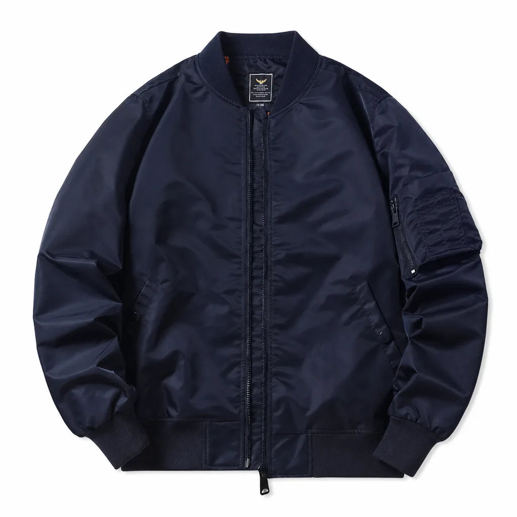 Men's MA-1 Ribbed Bomber Jacket – sleeve zip pocket detail | Hensley London