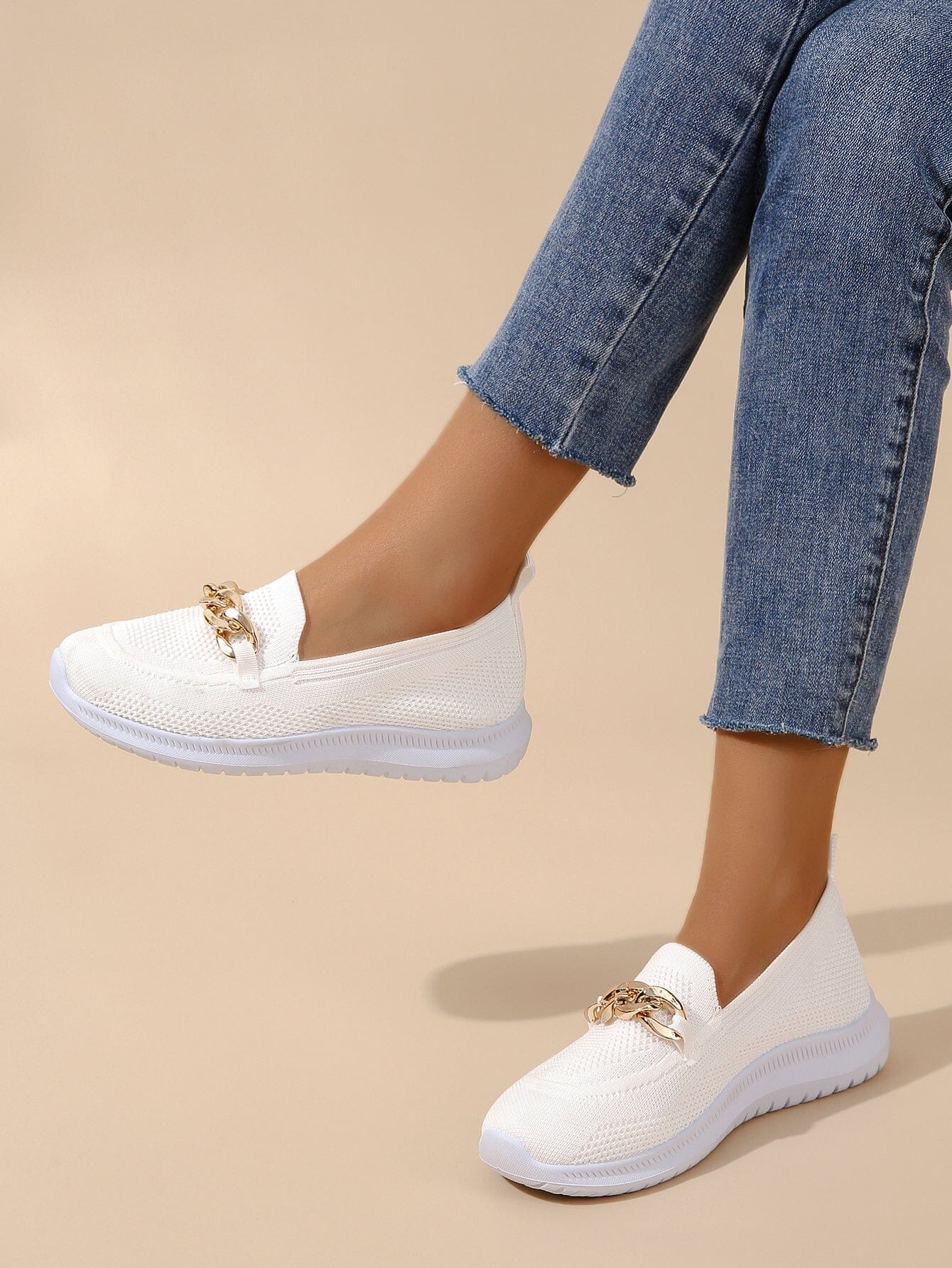 White Chunky Sneakers for Women with Breathable Mesh and Chain Design – Stylish Casual Footwear 4