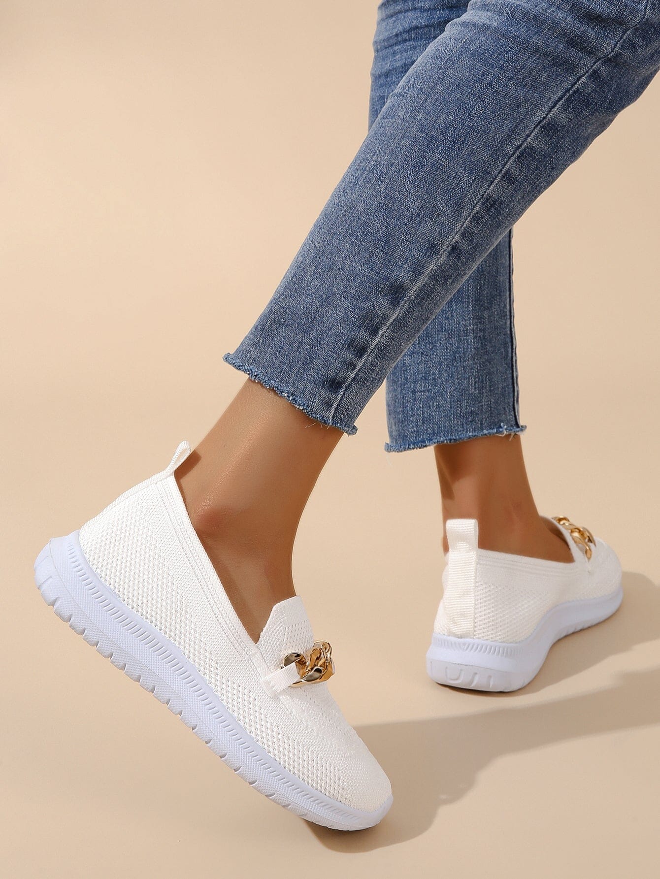 White Chunky Sneakers for Women with Breathable Mesh and Chain Design – Stylish Casual Footwear 5