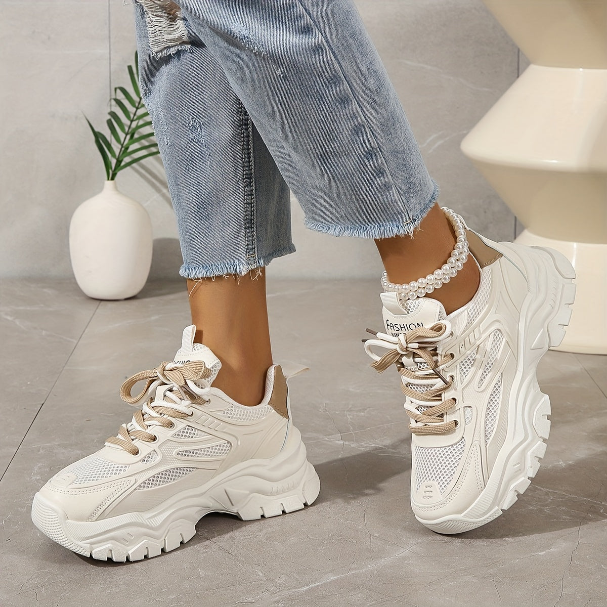 White Mesh Sneakers for Women with Thick Sole – Casual and Sporty Design 2