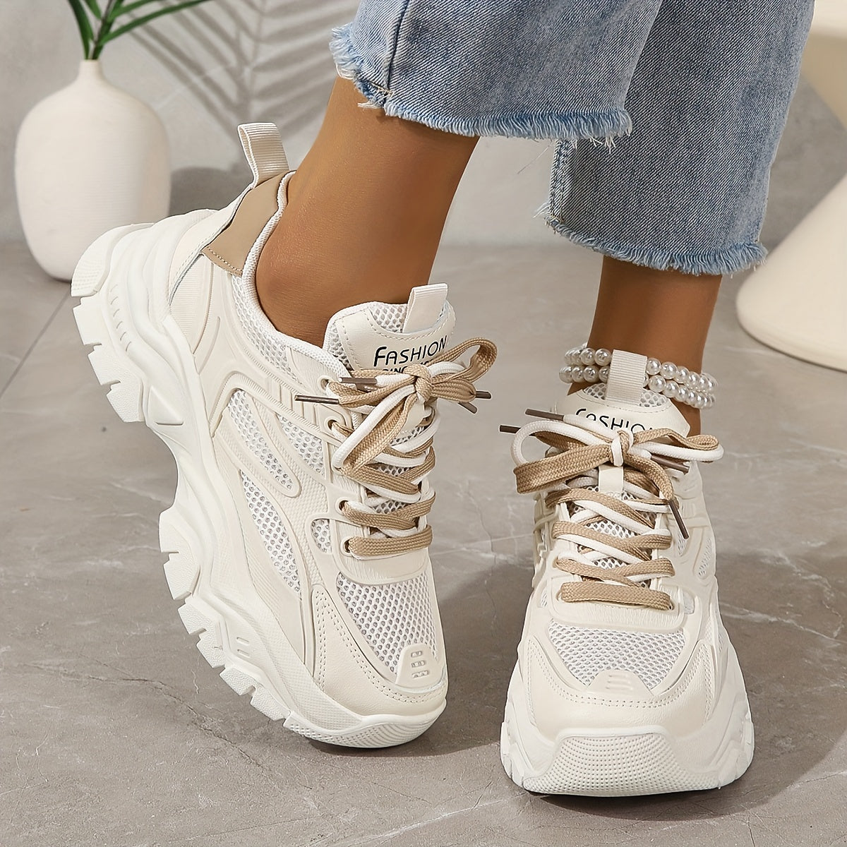 White Mesh Sneakers for Women with Thick Sole – Casual and Sporty Design 3